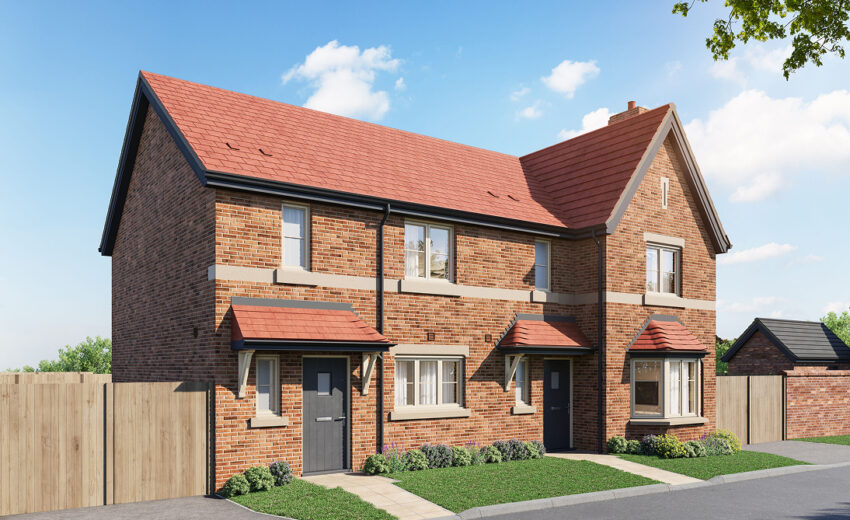 New build house exterior with brick facade and pitched roof.