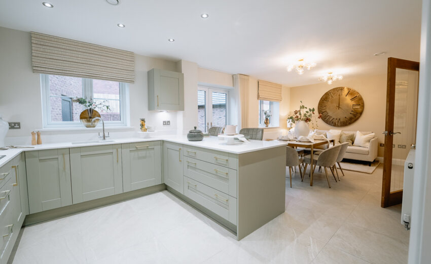 New build open-plan living and dining area.
