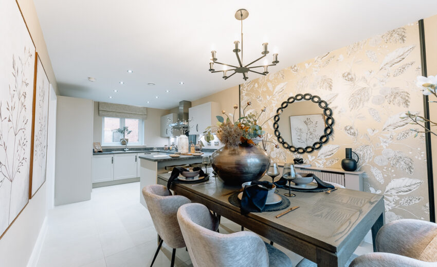 New build kitchen island with mirror and decorative display.