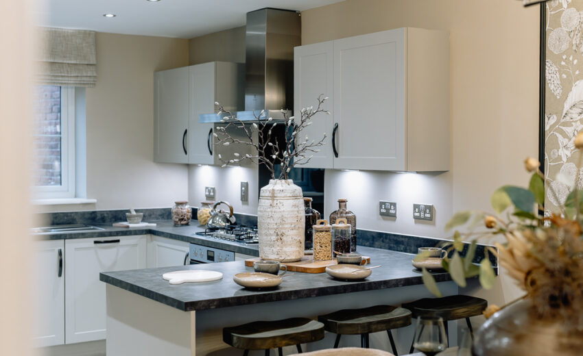 Modern kitchen with island in a new build home.