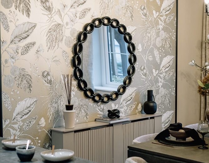 New build bedroom seating area with mirror and dressing table.