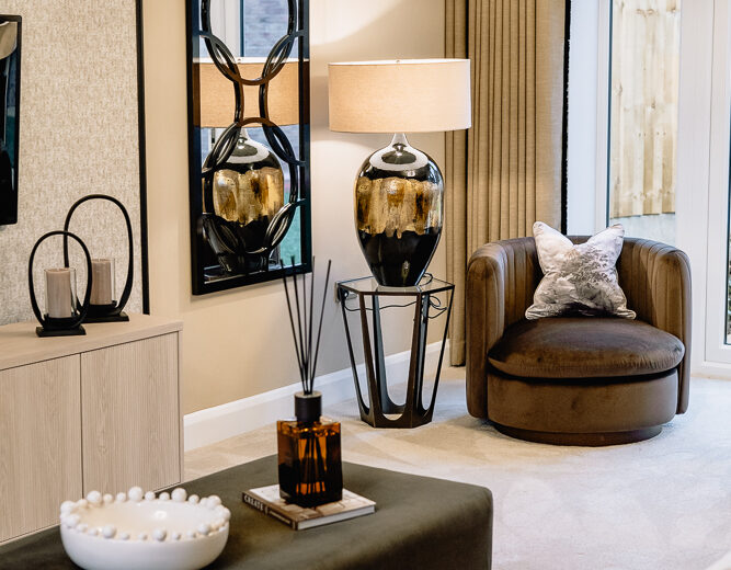 New build open-plan dining area with decorative styling.
