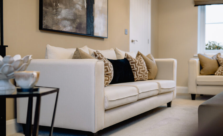 New build living room with sofa and feature wall.