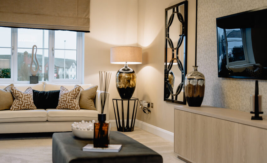 New build living room with decorative accessories and mirror.