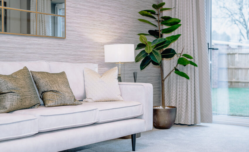 New build living room with sofa and feature wall.