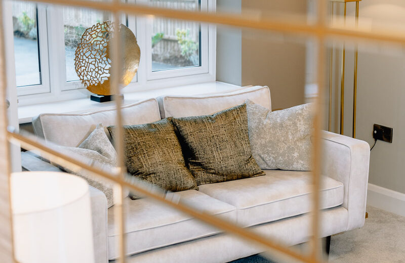 New build open-plan living area with glass partition.