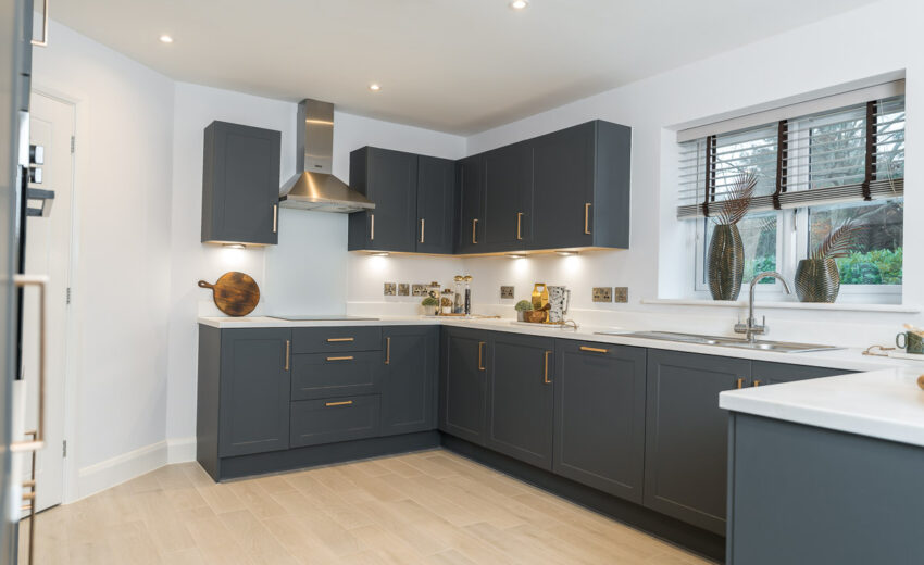 New build kitchen with dark cabinetry and integrated lighting.