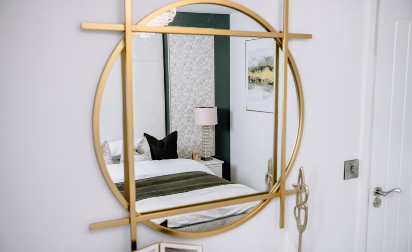 Dressing table with mirror in a new build bedroom.